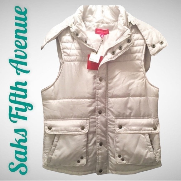 NWT SAKS FIFTH AVENUE Silvery Gray Puffer Vest With Removable Hood, Size Small - Picture 10 of 10